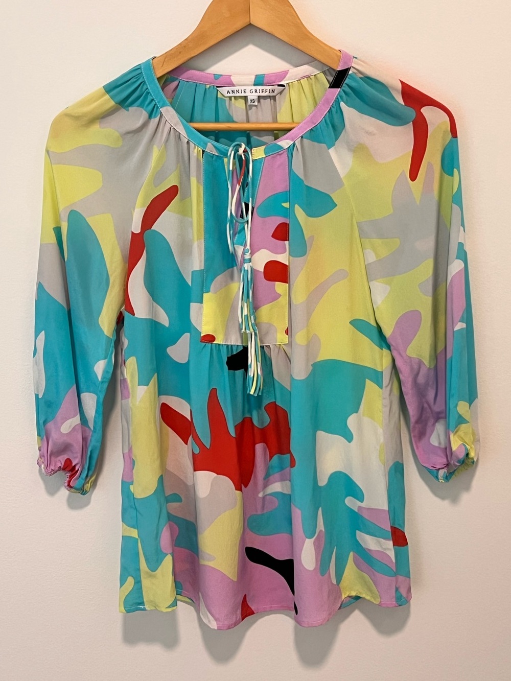 Annie Griffin 100% Silk Multicolor Abstract Print Tassel Tie Blouse Top XS